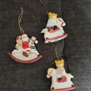 Set Of  3 Vintage Ceramic Rocking Horse Christmas Ornaments